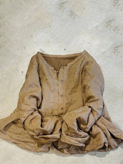 Women Vintage Solid Stand Collar Button Ramie Shirt