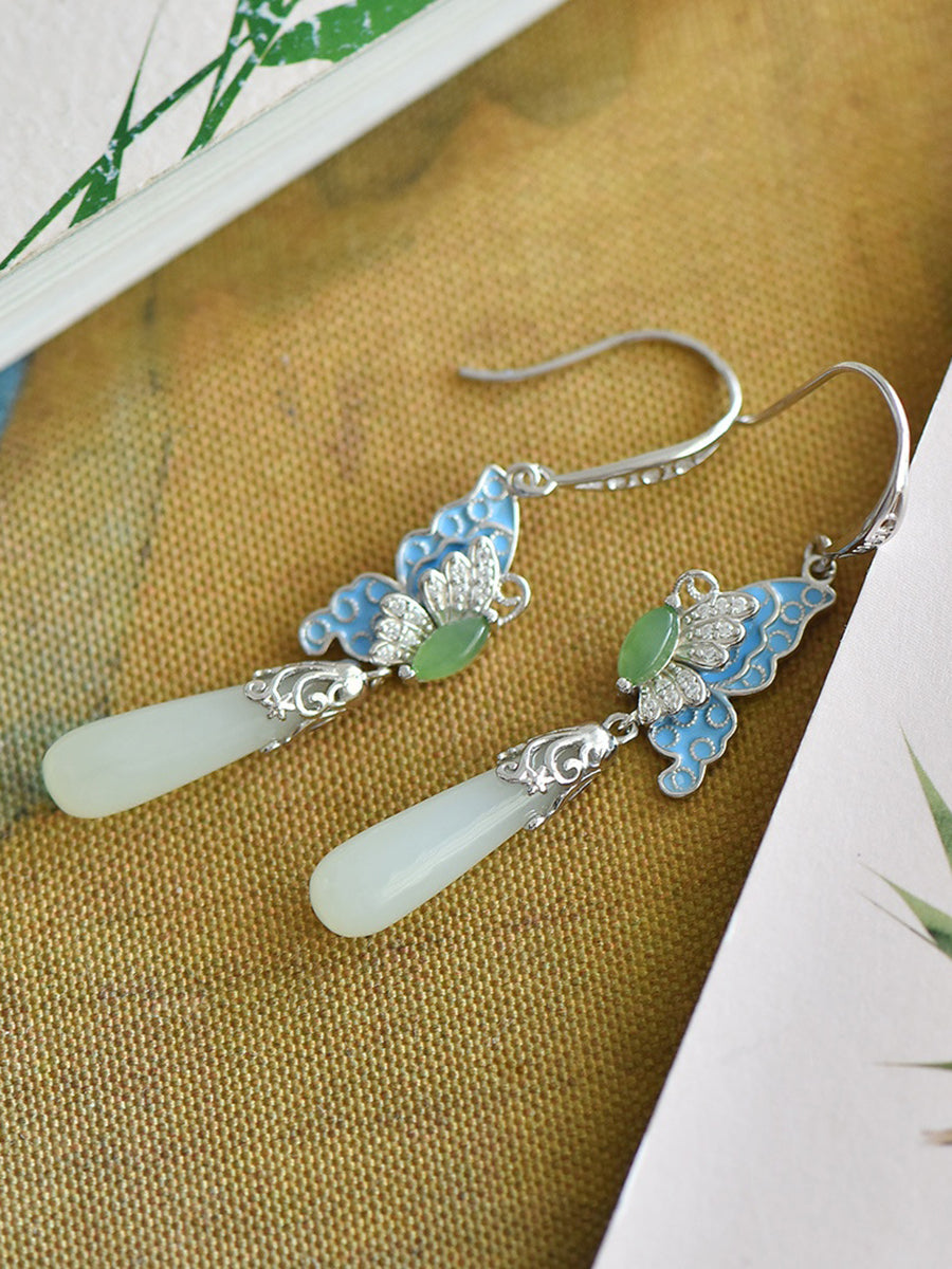 Women Ethnic Jade Enamel Butterfly S925Silver Earrings