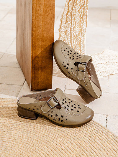 Women Casual Genuine Leather Hollow Out Mid Heel Sandals
