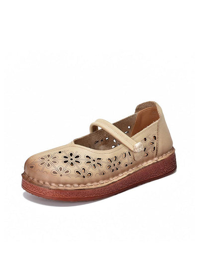 Women Vintage Leather Flower Hollow Out Low Heel Shoes