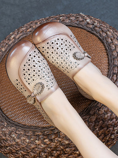 Women Summer Genuine Leather Hollow Out Low Heel Shoes