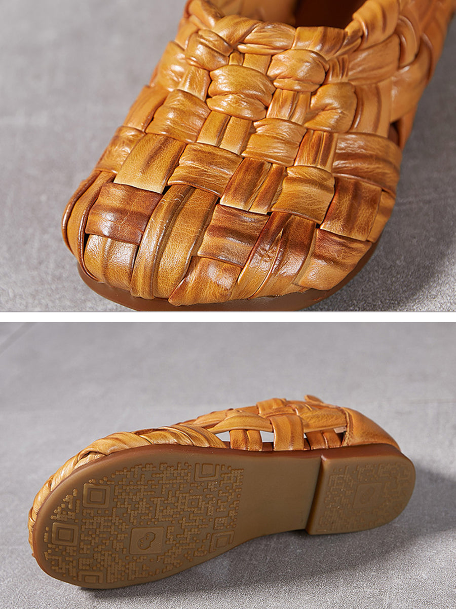 Women Summer Casual Leather Weave Low Heel Shoes