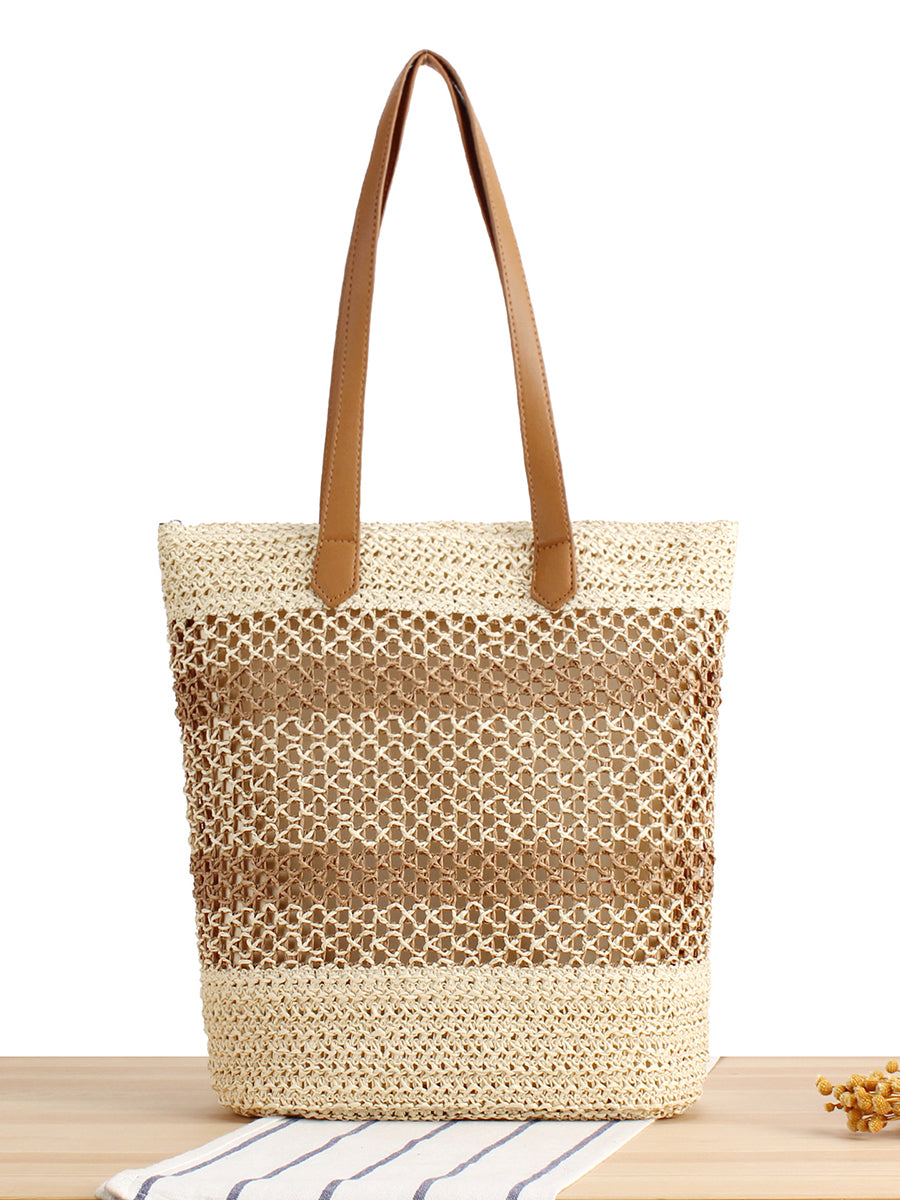 Women Casual Colorblock Straw Weave Shoulder Bag