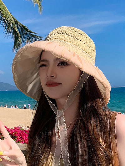 Women Summer Knitted Bowknot Spliced Sunproof Hat