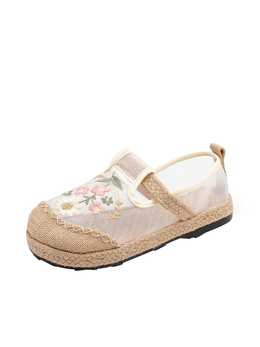 Women Summer Artsy Flower Embroidery Linen Slippers