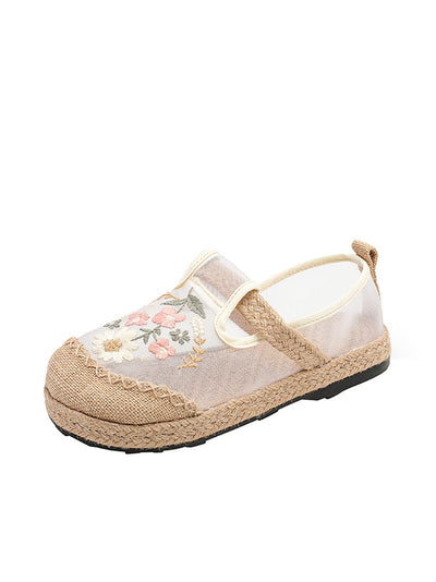 Women Summer Artsy Flower Embroidery Linen Slippers