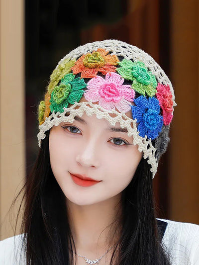 Women Artsy Colorful Flower Knit Hat