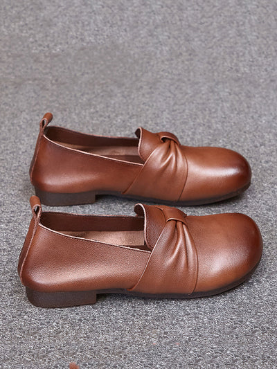 Women Vintage Soft Leather Knot Low Heel Shoes