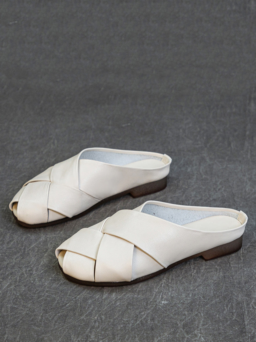 Women Summer Soft Leather Low Heel Weave Slippers