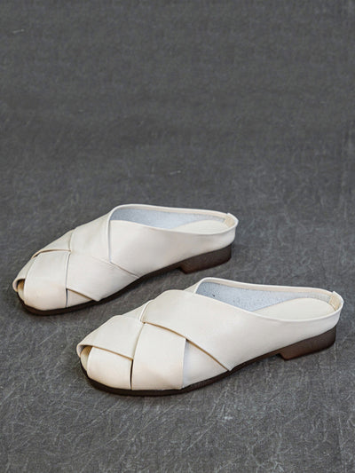 Women Summer Soft Leather Low Heel Weave Slippers