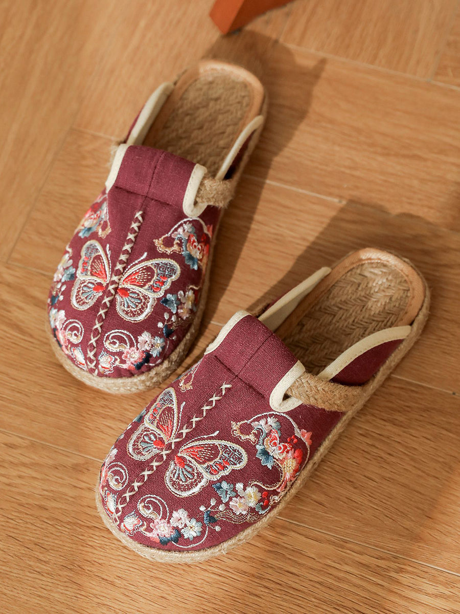 Women Ethnic Summer Butterfly Embroidery Linen Slippers