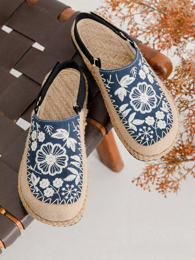 Women Ethnic Flower Embroidery Linen Sandals