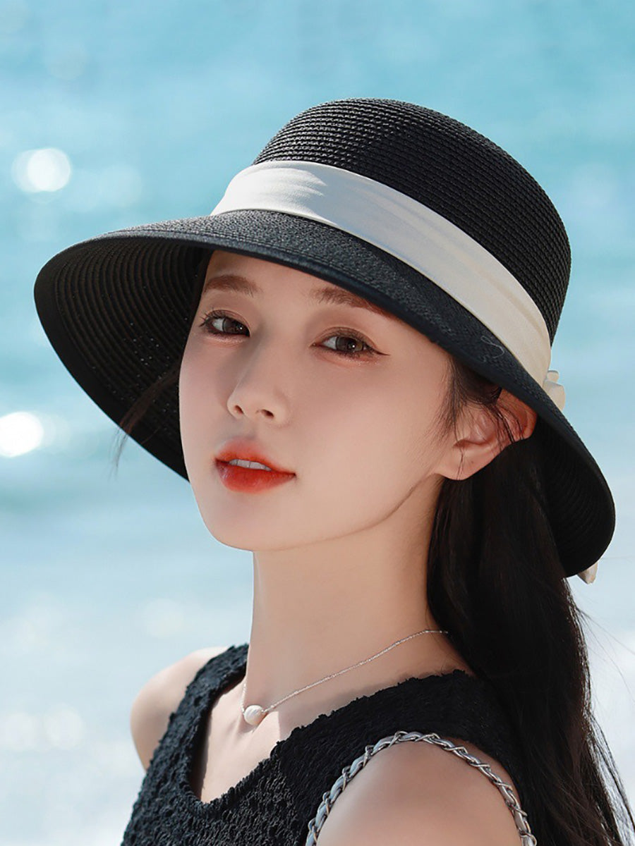 Women Straw Weave Stain Bowknot Sunproof Hat