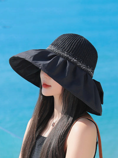 Women Summer Spliced Bowknot Large Brim Sunproof Hat