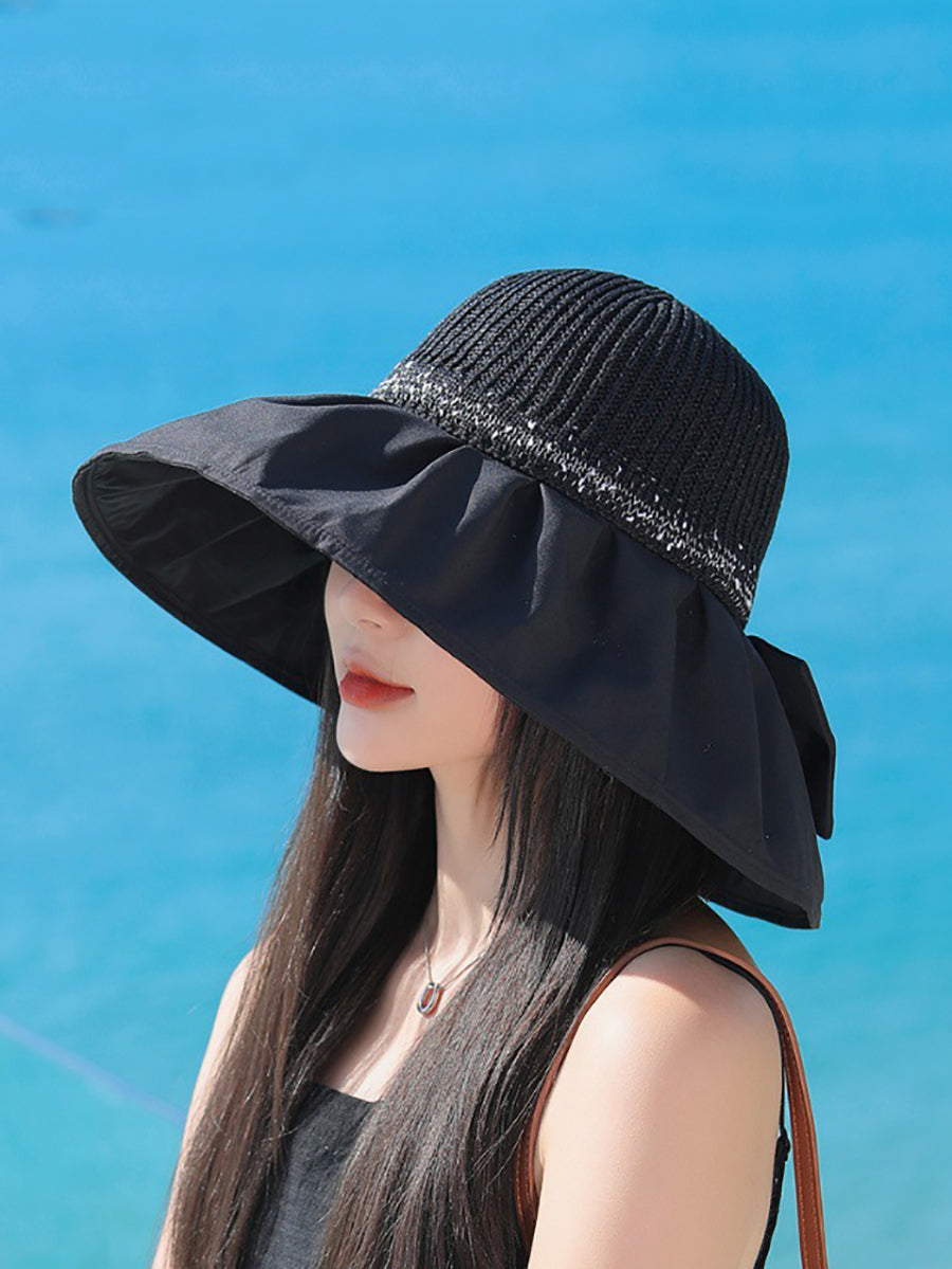 Women Summer Spliced Bowknot Large Brim Sunproof Hat