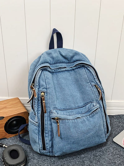 Women Casual Solid Large Capacity School Denim Backpack