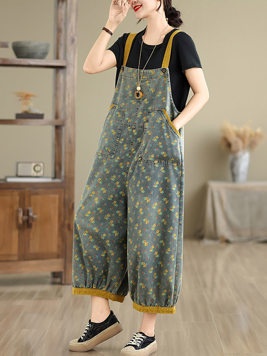 Women Summer Casual Floral Denim Wide-leg Jumpsuits