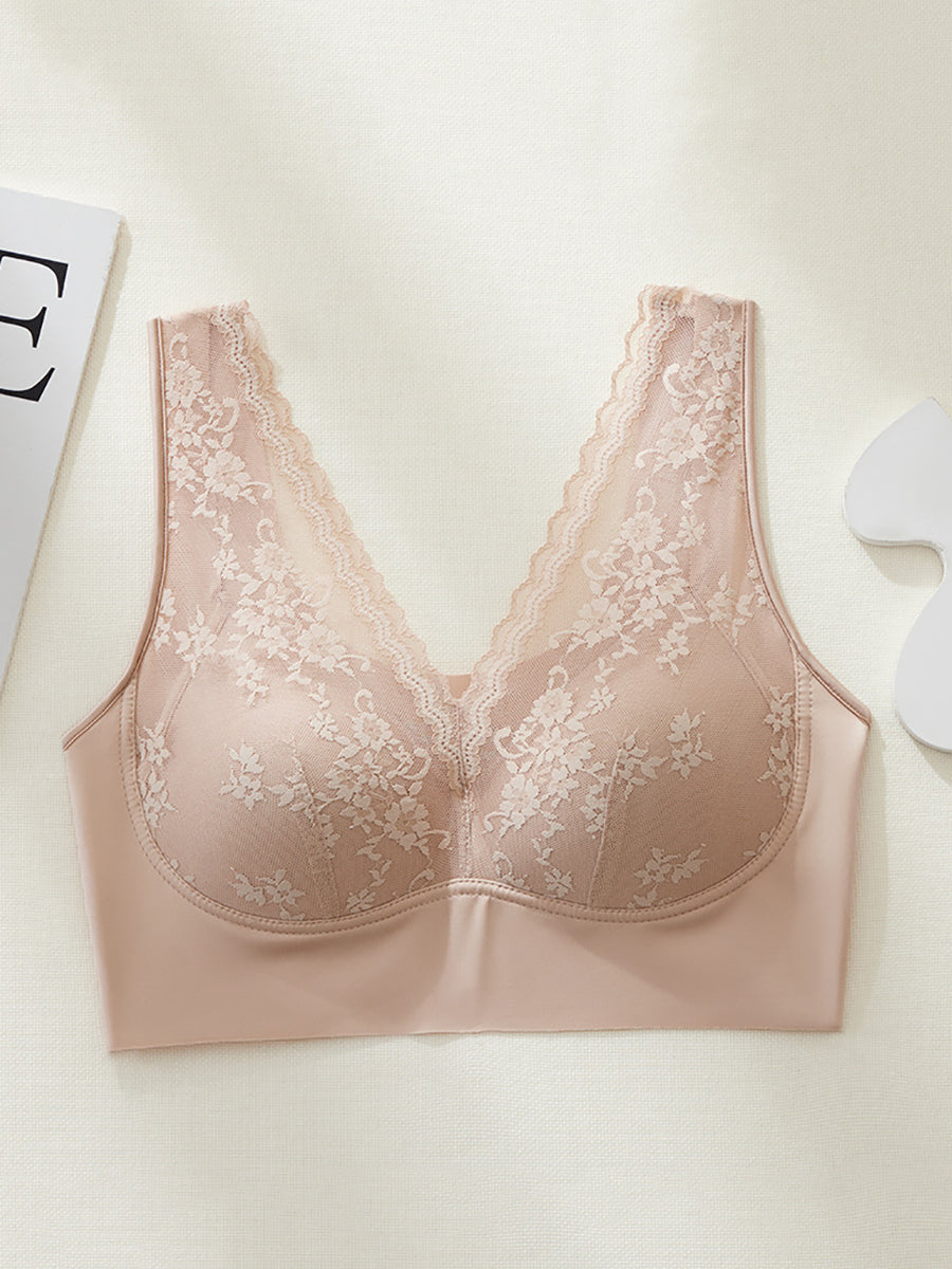 Women Artsy Pure Color Lace Satin Seamless Bra