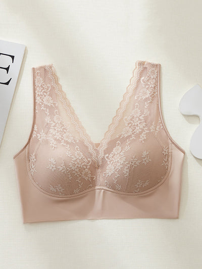 Women Artsy Pure Color Lace Satin Seamless Bra