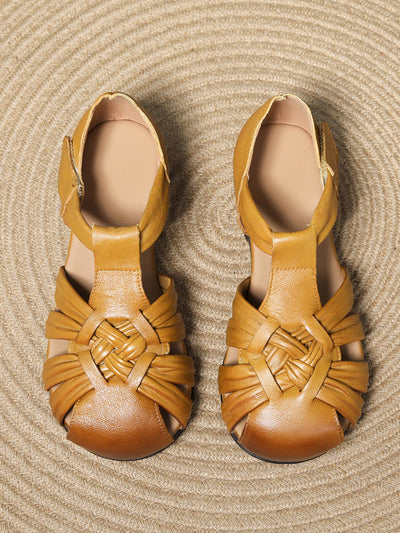Women Casual Summer Leather Weave Low Heel Shoes