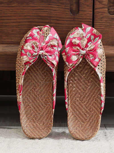 Women Ethnic Straw Weave Flower Bowknot Indoor Slippers