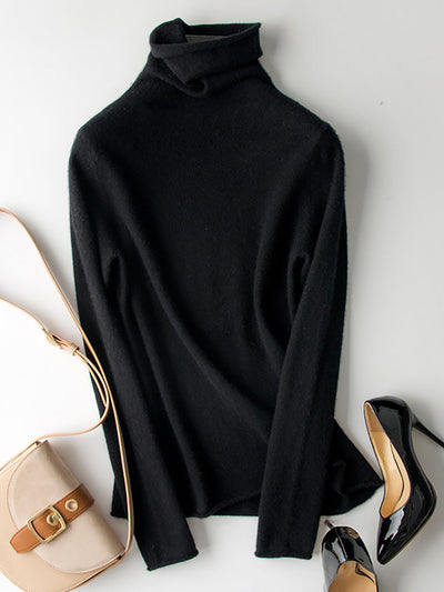 Women Winter 100%Wool Solid Turtleneck Baseshirt