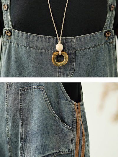 Women Summer Worn Stripe Denim Loose Jumpsuits
