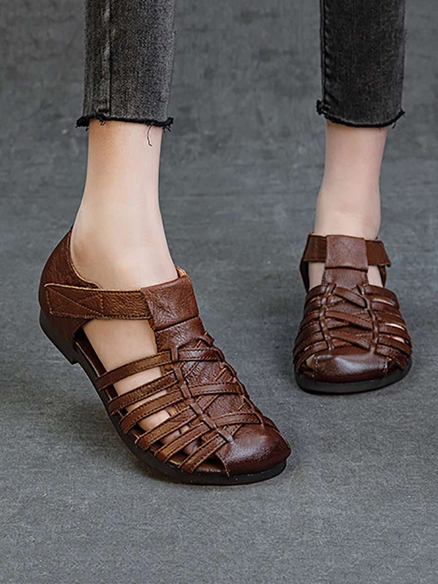 Women Vintage Summer Leather Cross Weave Sandals