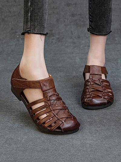 Women Vintage Summer Leather Cross Weave Sandals
