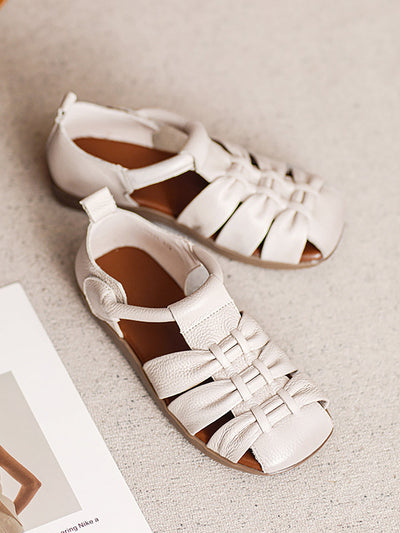 Women Genuine Leather Spliced Flat Sandals