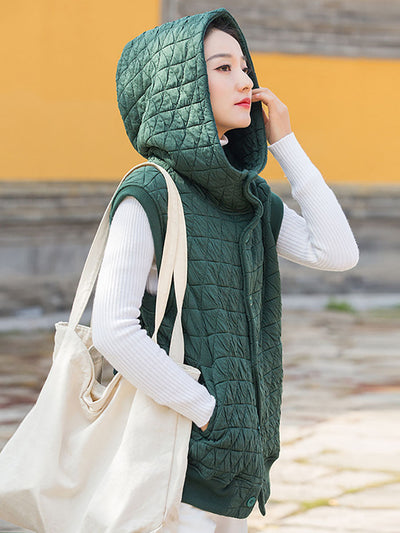 Women Winter Artsy Solid Button Pocket Hooded Vest