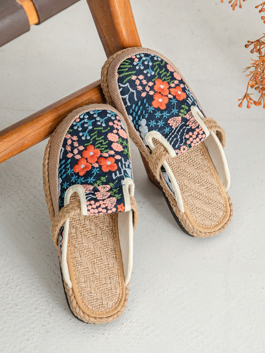 Women Summer Ethnic Flower Embroidery Cotton Slippers
