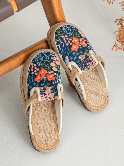 Women Summer Ethnic Flower Embroidery Cotton Slippers