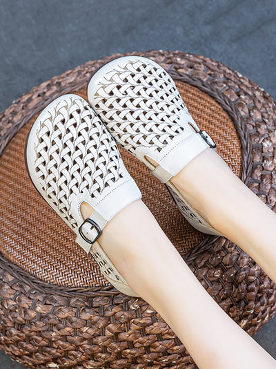 Women Casual Soft Leather Hollow Out Low Heel Shoes