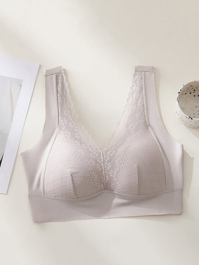 Women Artsy Pure Color Lace Satin Seamless Bra