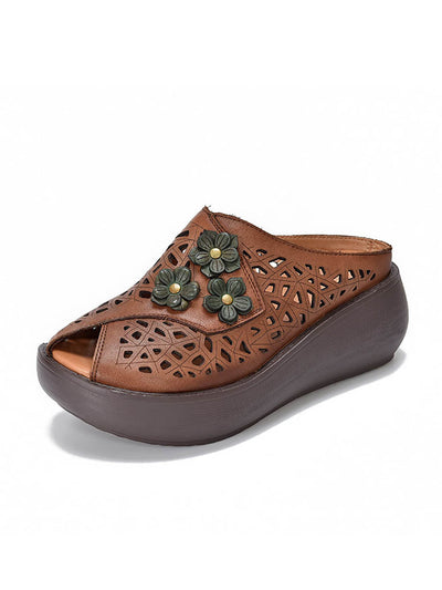 Women Ethnic Flower Leather Hollow Out Platfrom Slippers