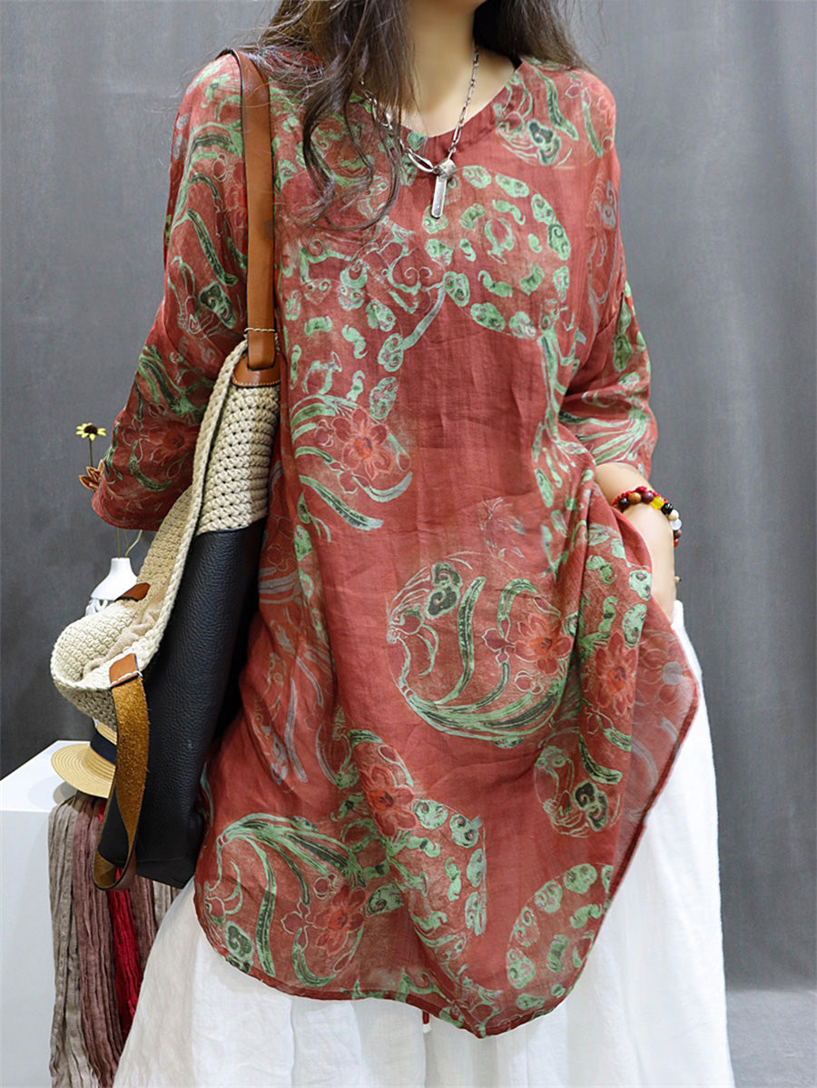 Plus Size Women Summer Vintage Flower Ramie Blouse M-4XL