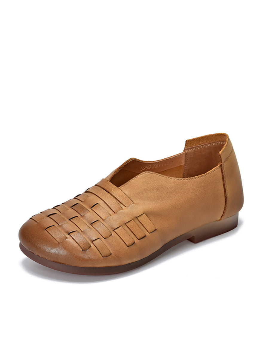 Women Vintage Genuine Leather Weave Low Heel Shoes
