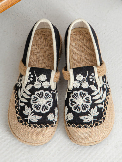 Women Ethnic Flower Embroidery Canvas Flat Shoes