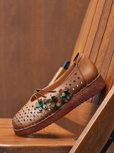 Women Summer Leather Flower Spliced Low Heel Shoes