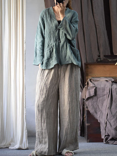 Women Artsy Solid Button Pocket Irregular Fold T-shirt