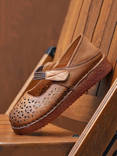 Women Rtro Genuine Leather Hollow Out Low Heel Shoes