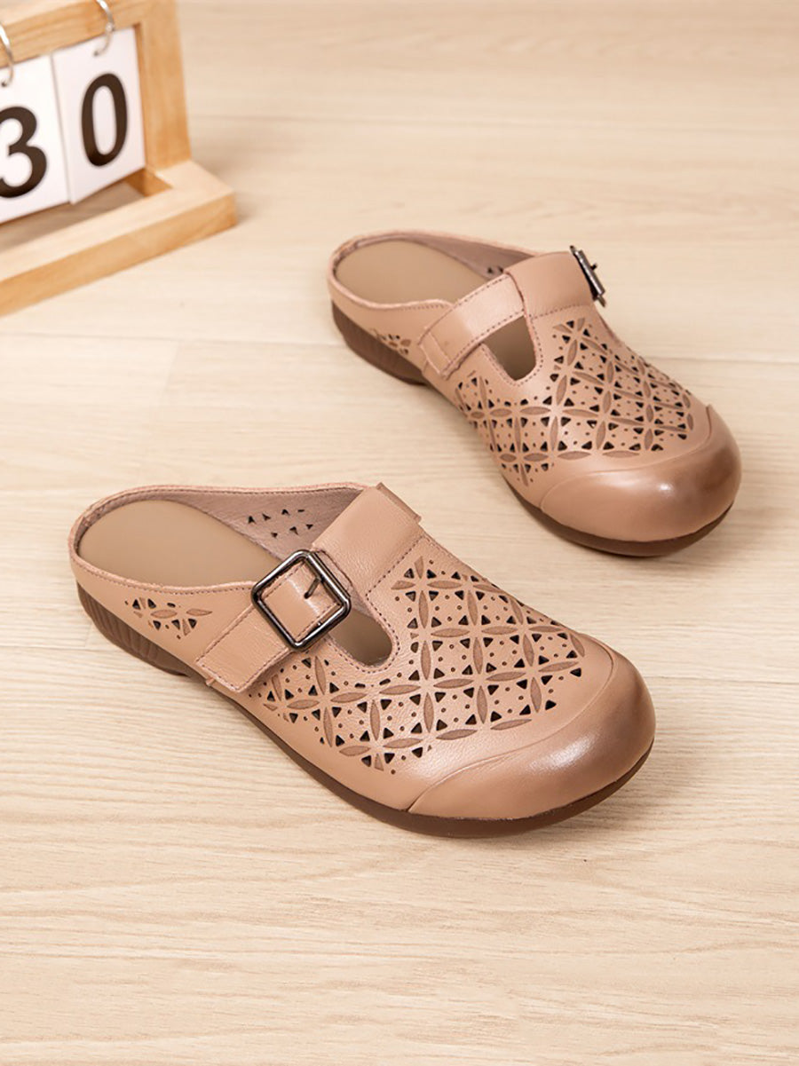 Women Vintage Genuine Leather Hollow Out Low Heel Shoes
