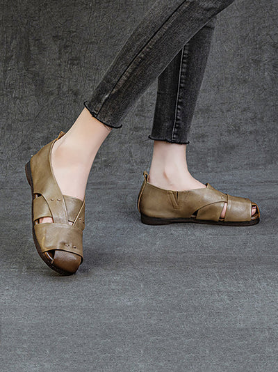Women Vintage Genuine Leather Flat Sandals