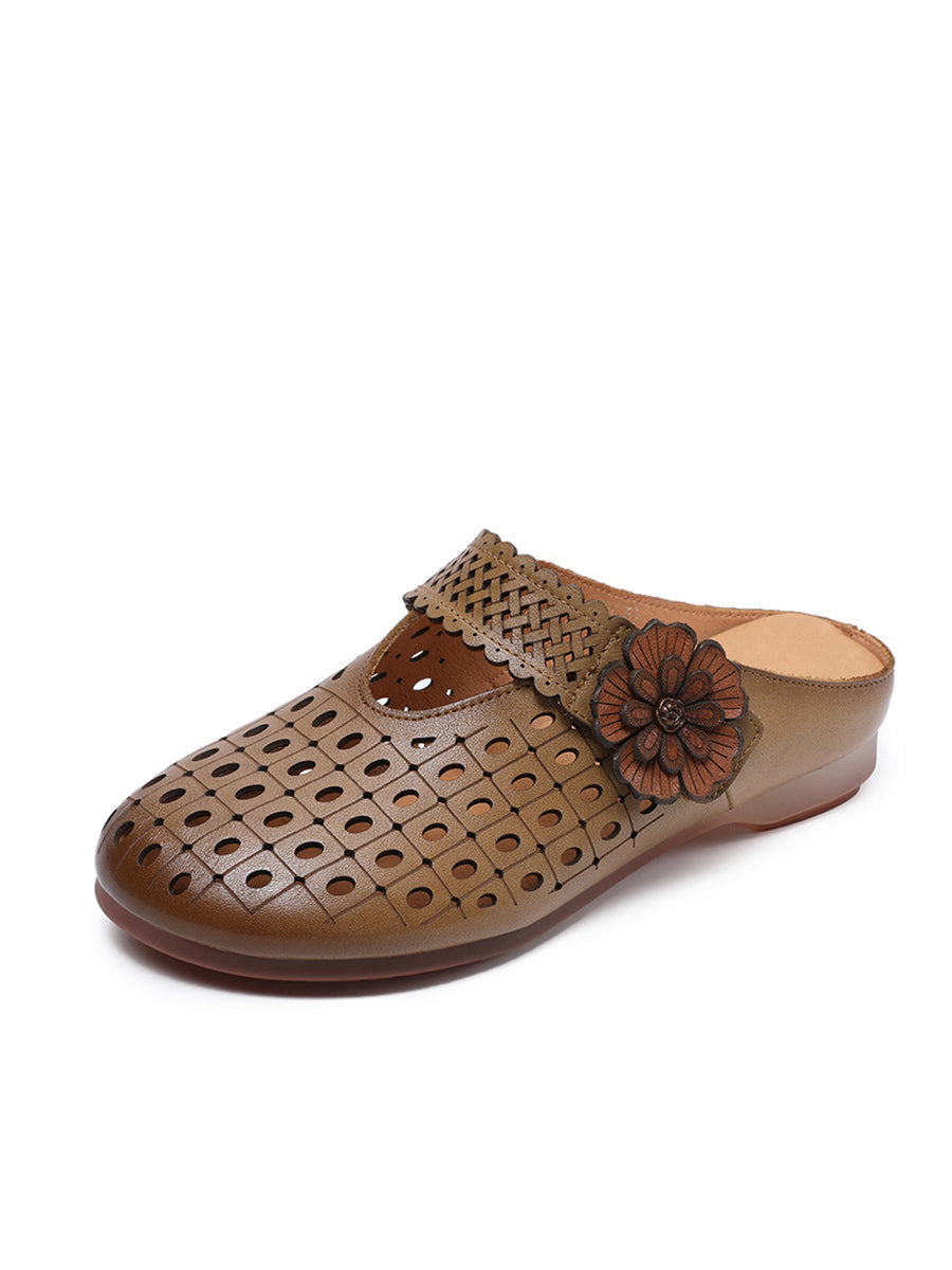 Women Casual Genuine Leather Flower Low Heel Slippers