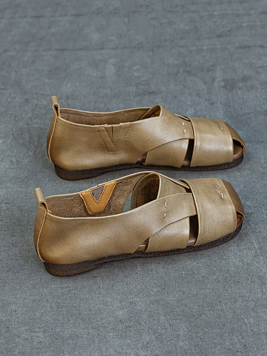 Women Vintage Genuine Leather Flat Sandals