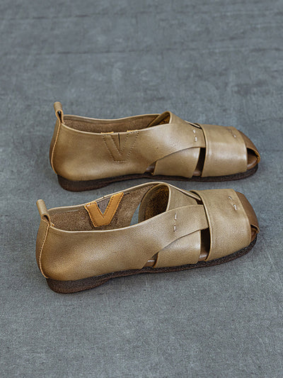 Women Vintage Genuine Leather Flat Sandals