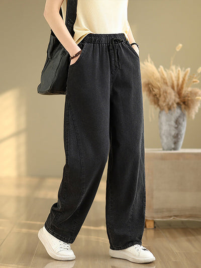 Women Casual Pure Color Denim Spliced Straight Pants