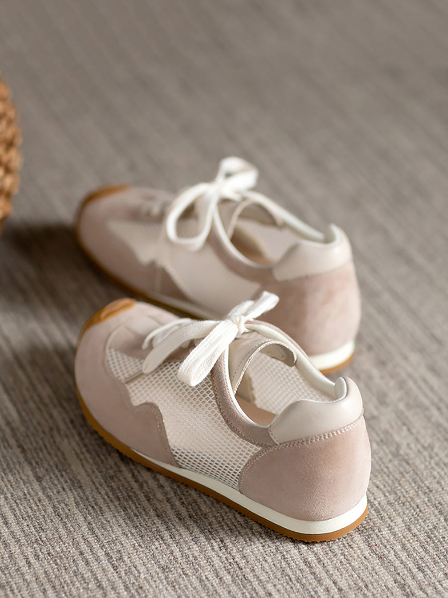 Women Summer Vintage Leather Spliced Mesh Shoes