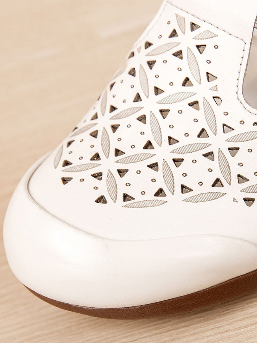 Women Vintage Genuine Leather Hollow Out Low Heel Shoes